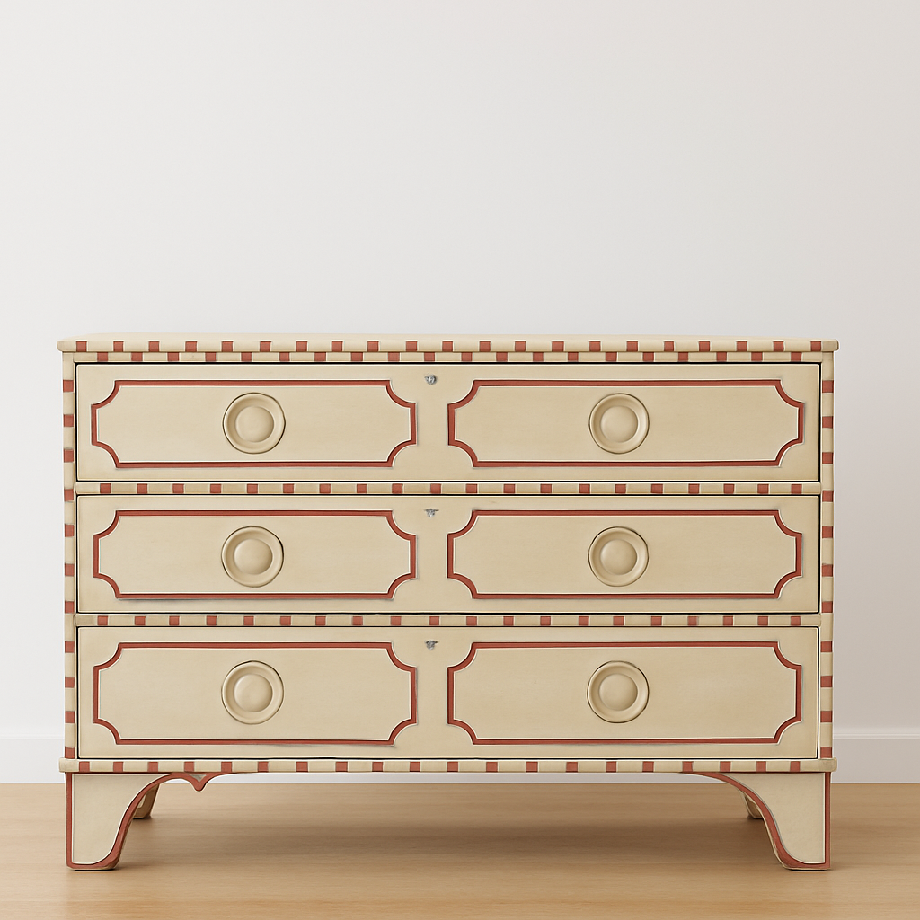 Decorative chest of drawers with a checkered pattern on a plain background