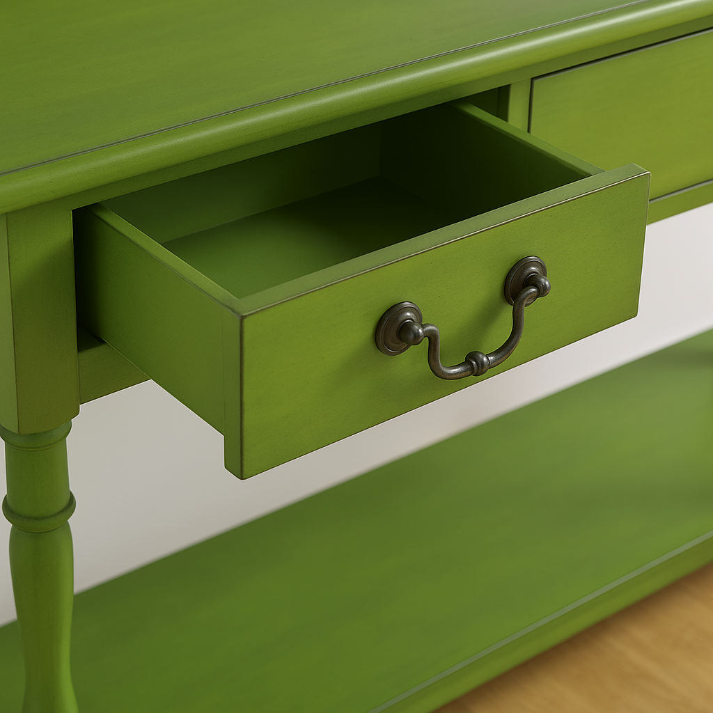 Green wooden drawer with a metal handle on a matching green dresser.