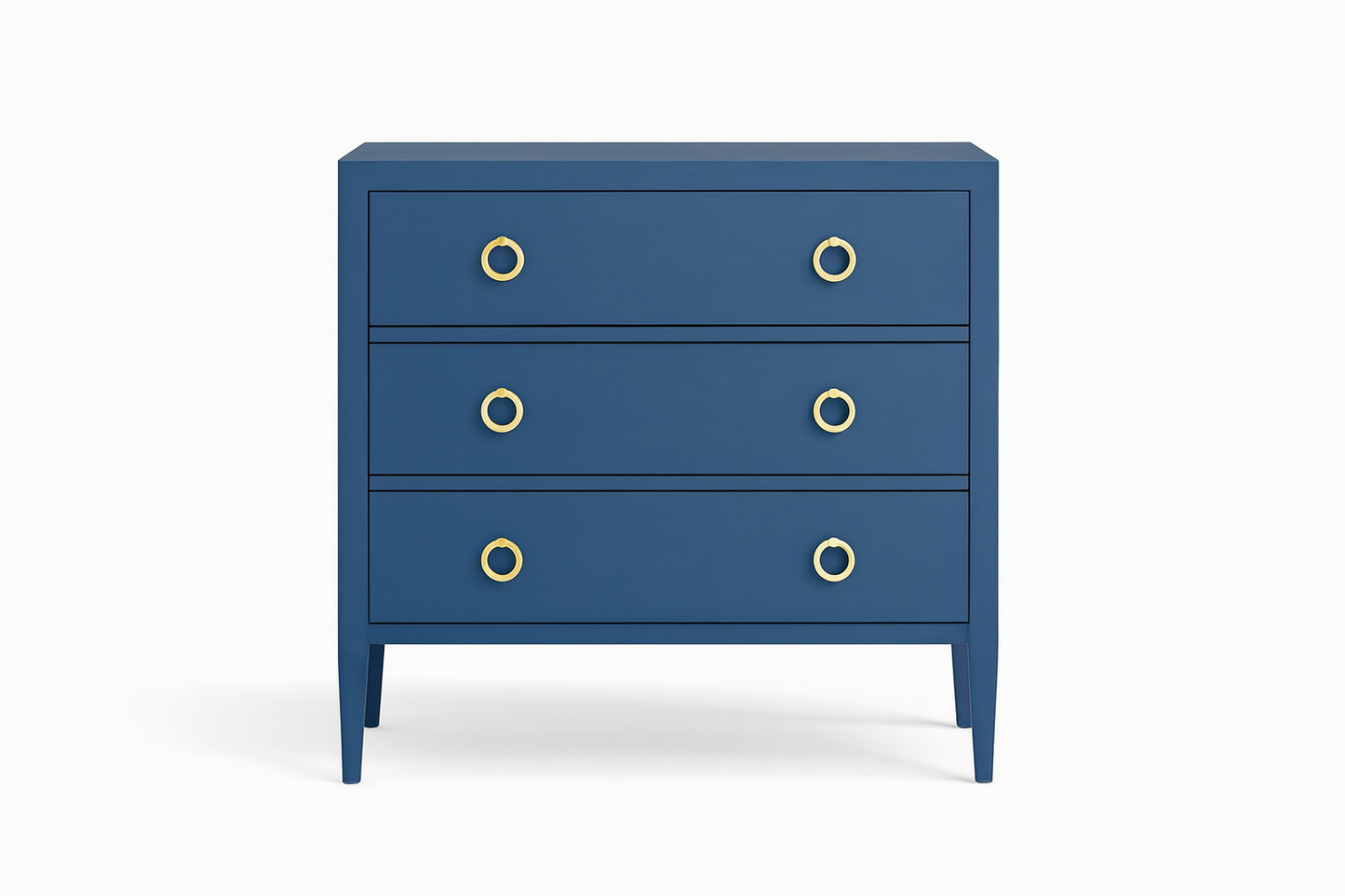 Blue dresser with gold knobs on a white background