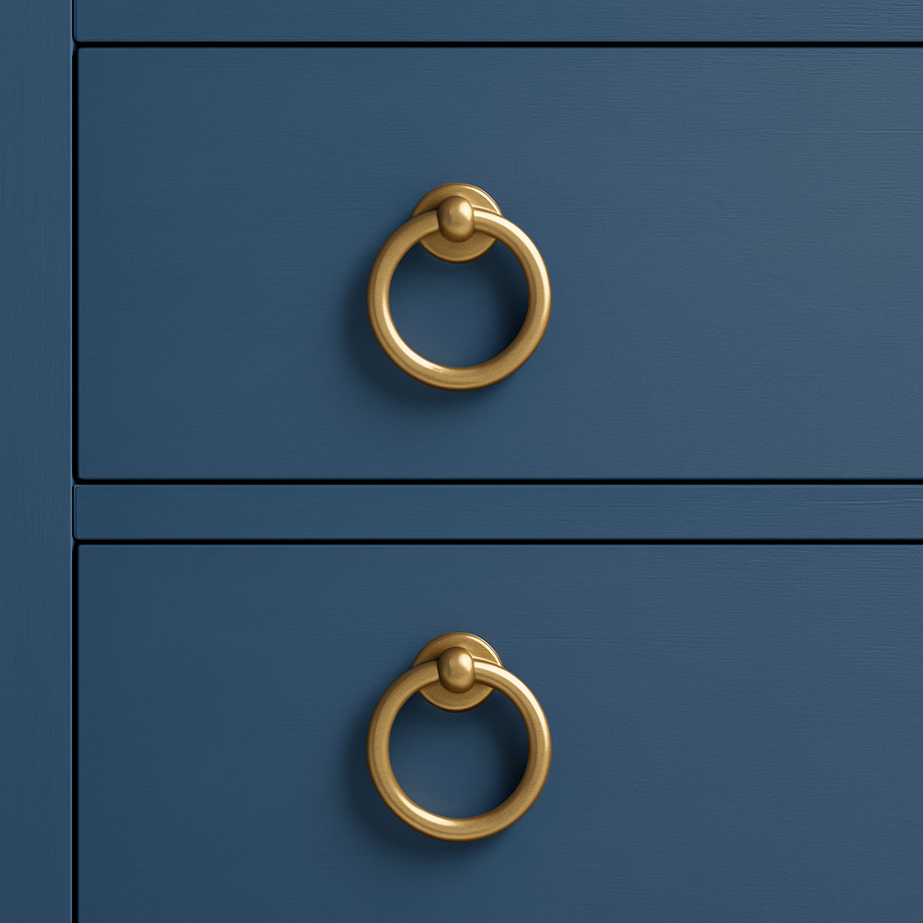 Ludwig Wooden Chest of Drawers – Modern Blue Dresser Table with Brass Ring Pulls