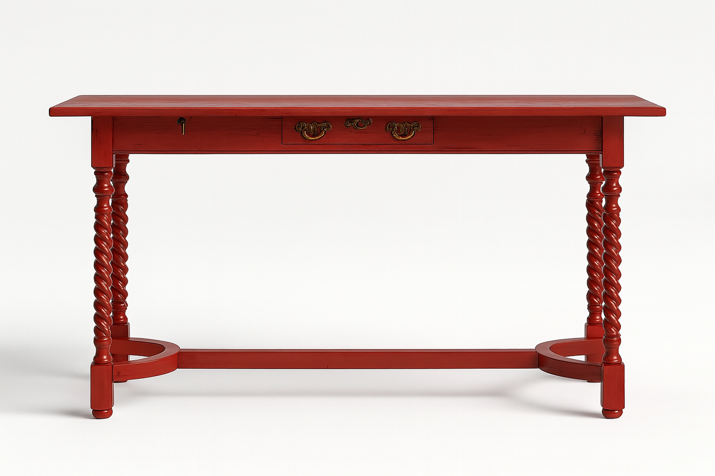 Red wooden console table with twisted legs on a white background