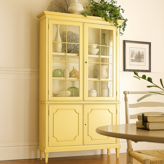 Yellow china cabinet with glass doors in a room with a table and chair.