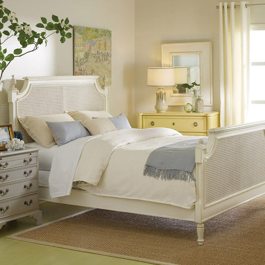 Celeste Cane Wooden Bed with antique white finish and handwoven cane panels – Countryside Collection by Flashback.