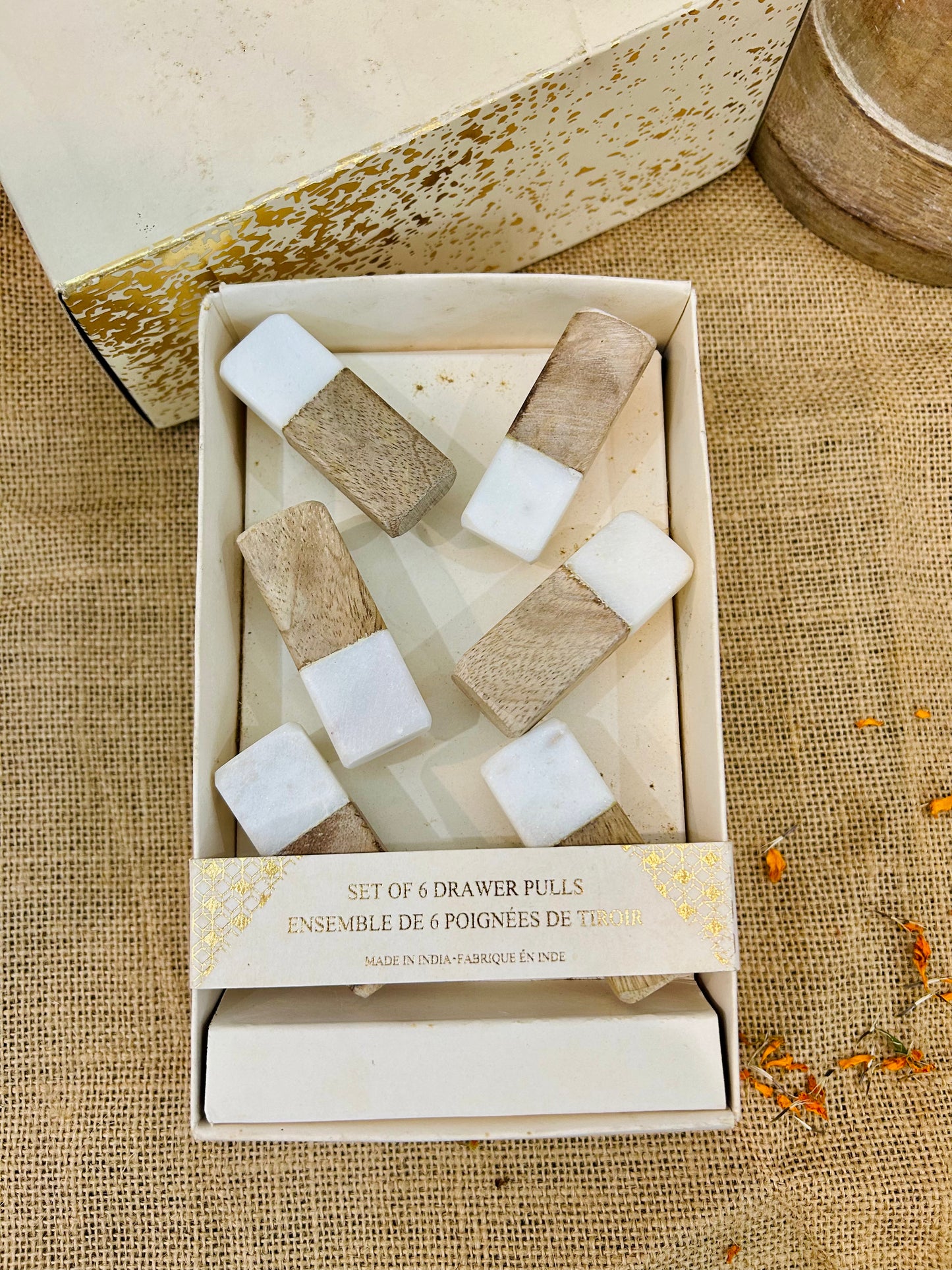 “Set of six handcrafted marble and wood inlay drawer knobs – luxury furniture hardware by Flashback”