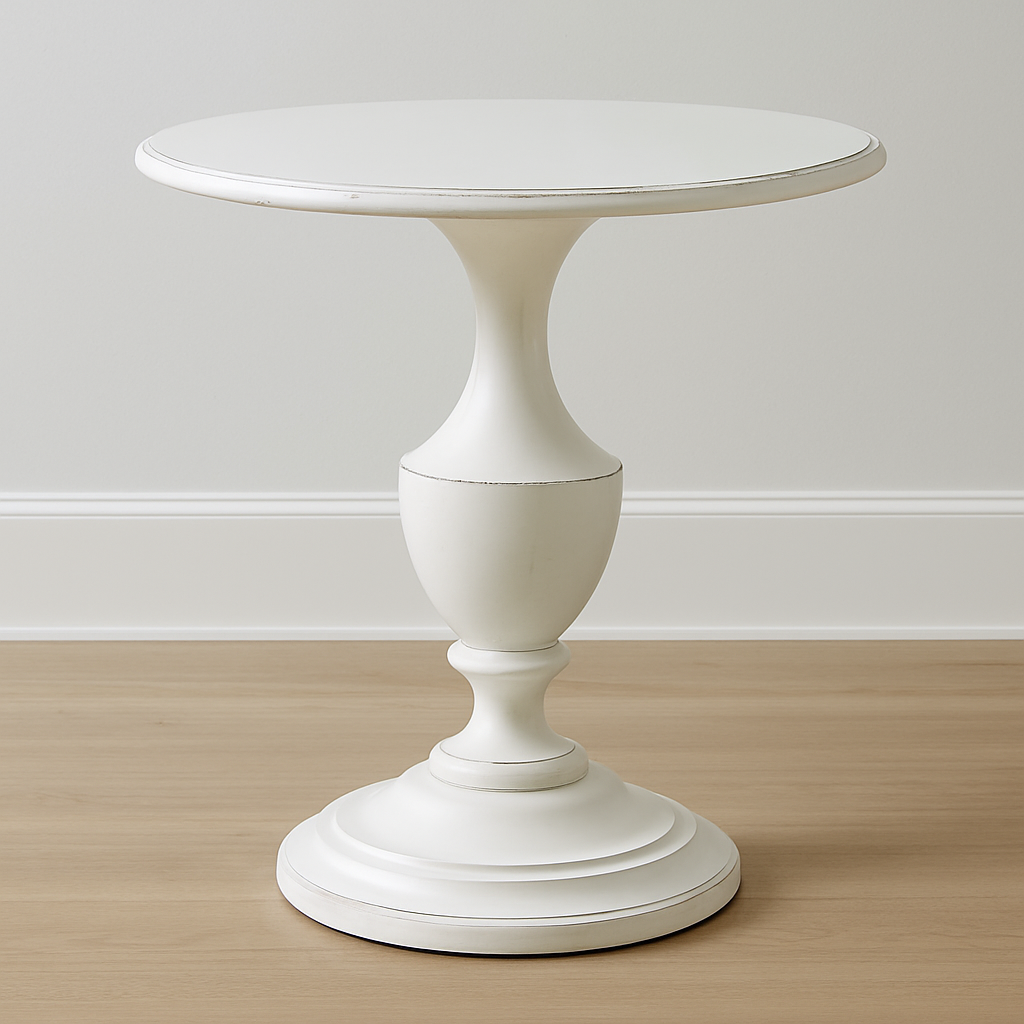 White pedestal table against a plain wall