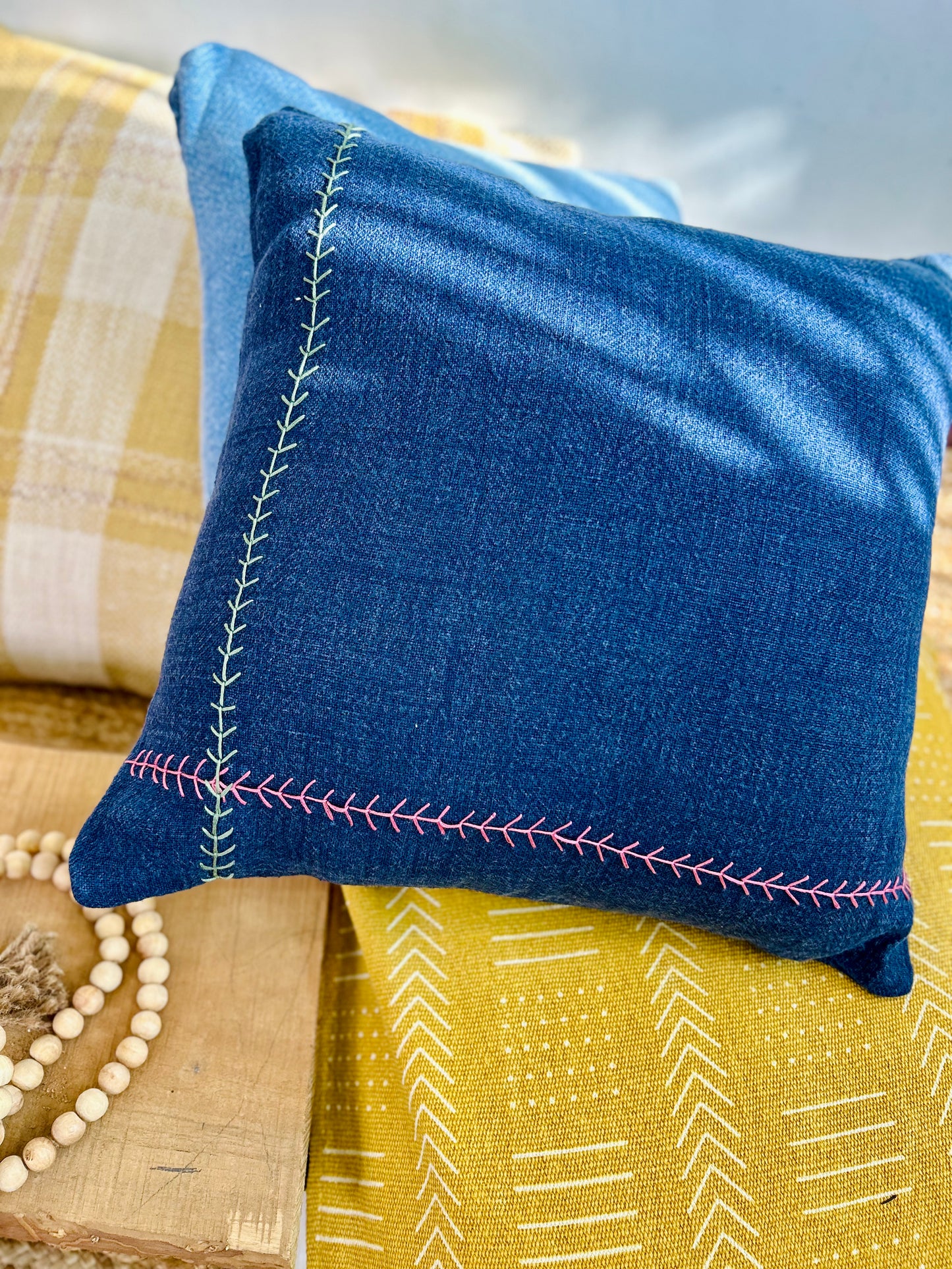 Dusky Blue Linen Cushion Cover with Hand Embroidery