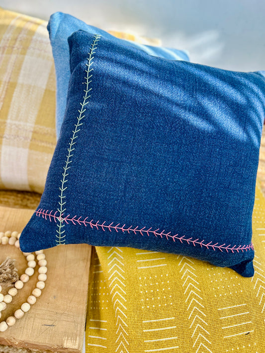 Dusky Blue Linen Cushion Cover with Hand Embroidery