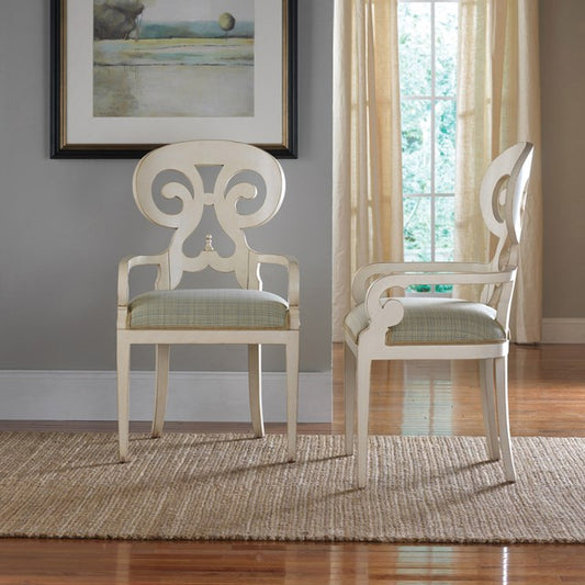 Isabelle Carved Wooden Armchair with antique white finish and upholstered seat – Countryside Collection by Flashback.
