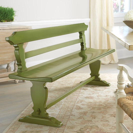 Green Victorian wooden bench with backrest and scroll details – Louise garden bench by Flashback