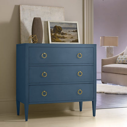 Modern blue wooden chest of drawers with brass ring handles – Ludwig dresser by Flashback