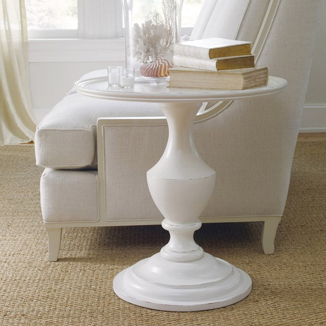 Maple Haven Pedestal Table with sculpted pedestal base and antique white finish – Countryside Collection by Flashback.