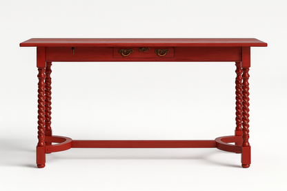 Red wooden console table with twisted legs on a white background