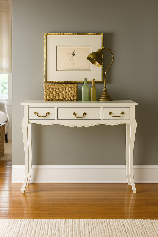 White console table with decorative items against a gray wall
