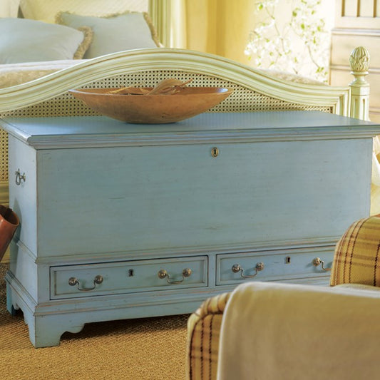 Vintage blue wooden sandook trunk with storage drawers and brass handles – Elodie trunk by Flashback