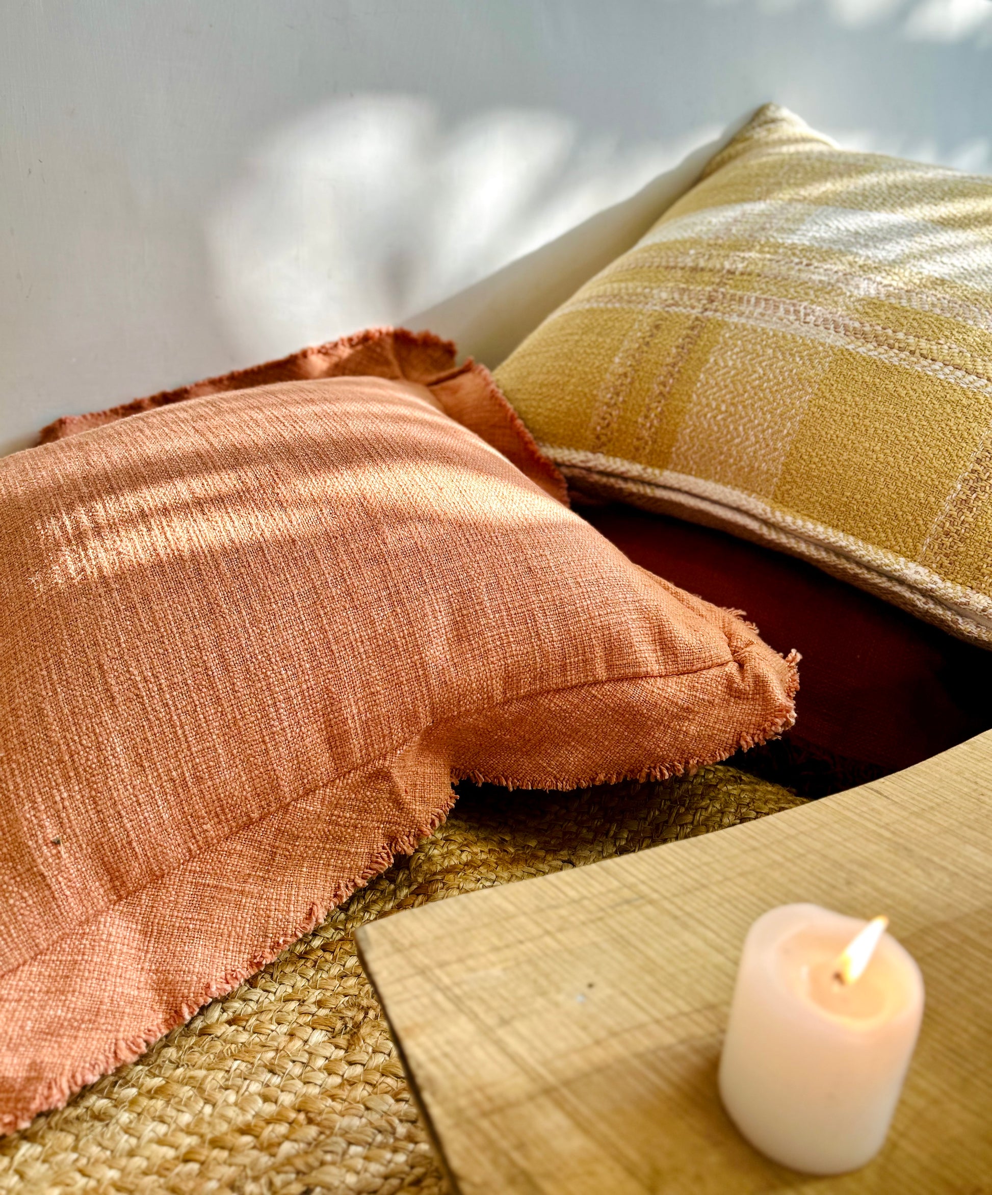 Solid coral cotton cushion cover – handcrafted home décor by Flashback”